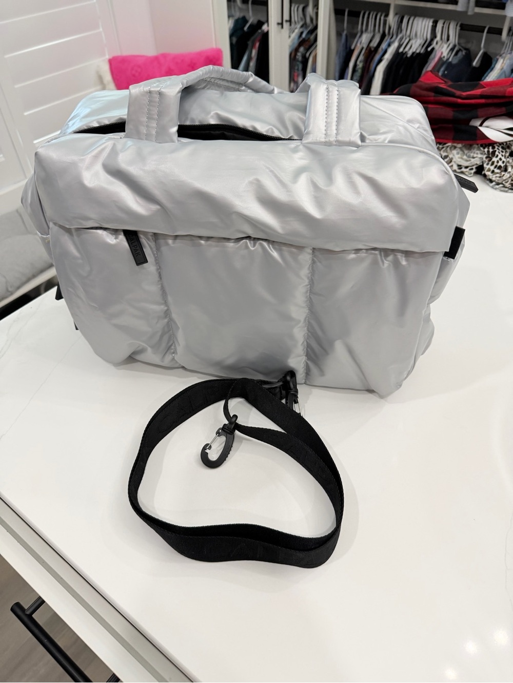 Calpak Silver Puffer Travel Tote with Detachable Black Strap